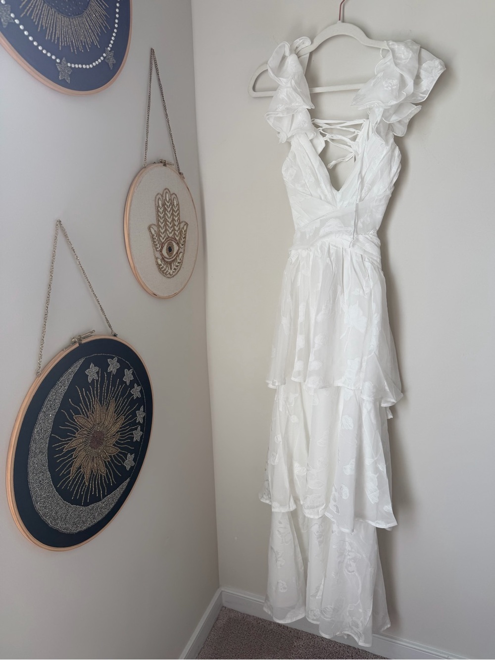 White Ruffled Maxi Dress with Lace-Up Back